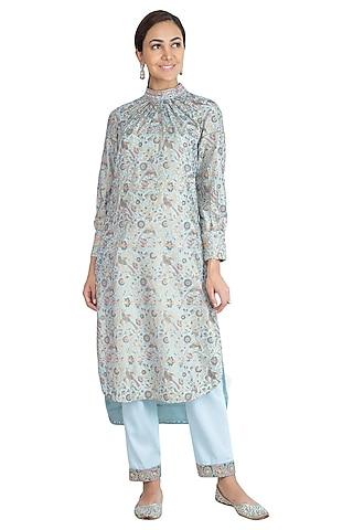 ice blue block printed kurta with embroidered pants
