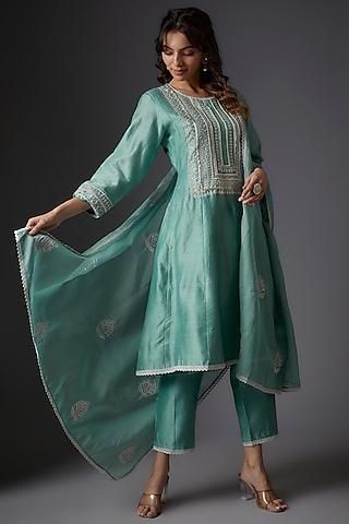 ice blue chanderi embroidered kurta set