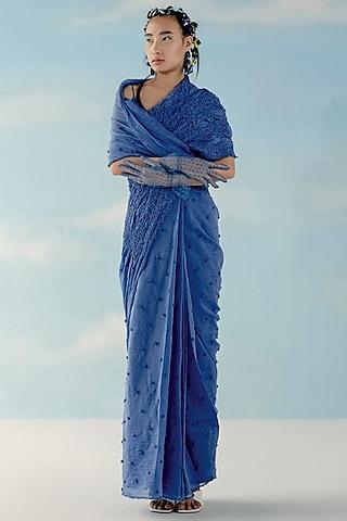 ice blue chanderi smocked saree