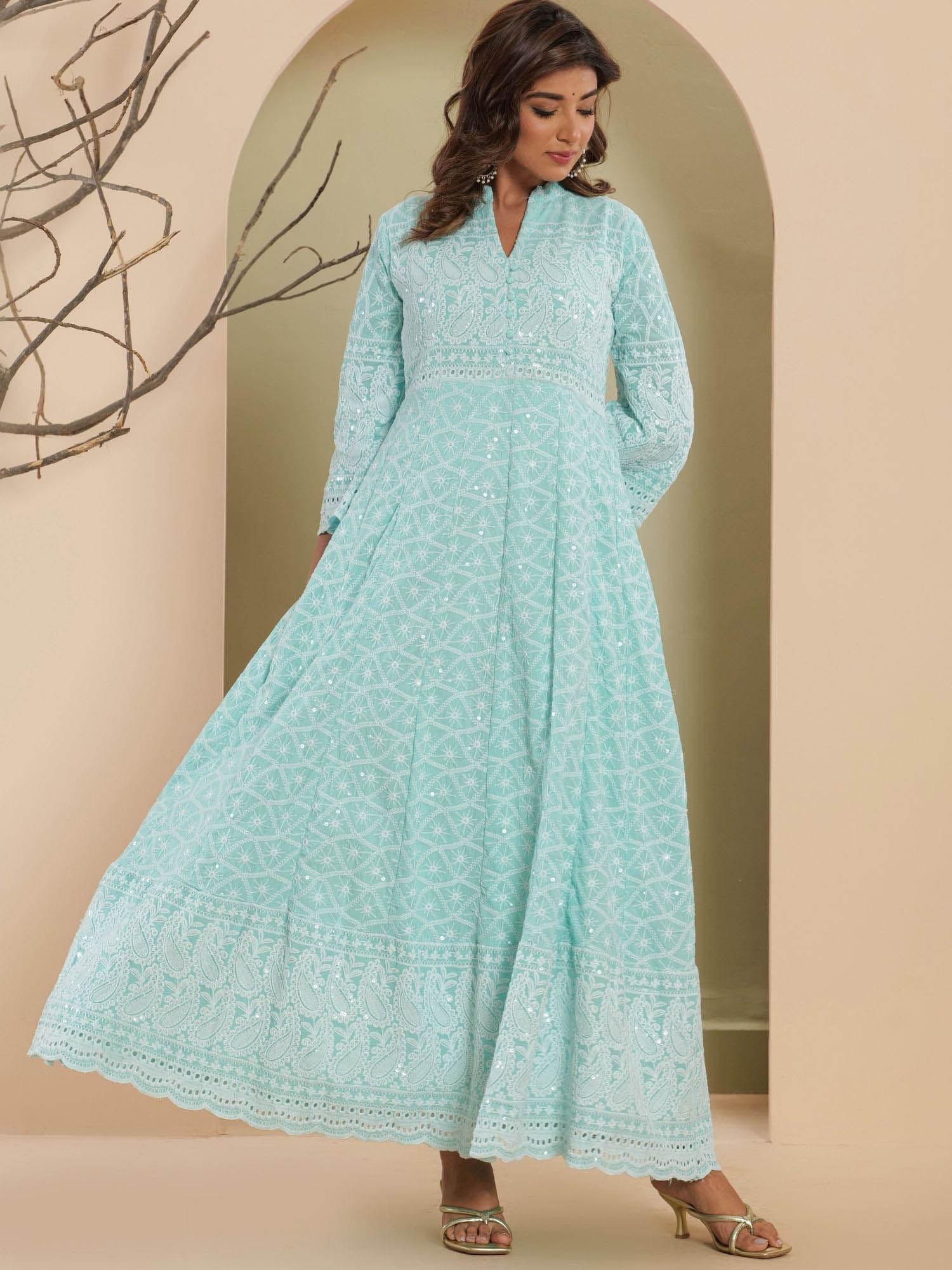 ice blue chikankari anarkali with pant (set of 2)