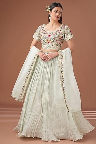 ice blue chinon chiffon embroidered ruched lehenga set