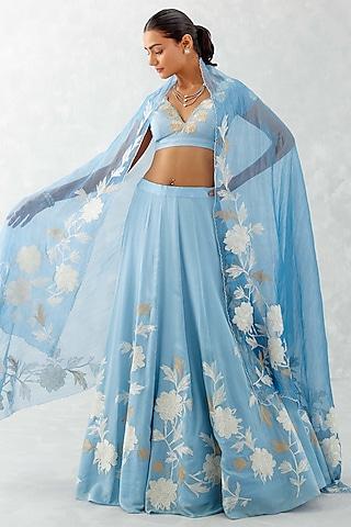 ice blue cotton silk satin embroidered lehenga set