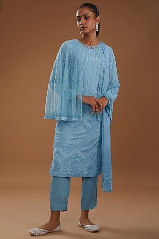 ice blue crepe hand embroidered kurta set with cape