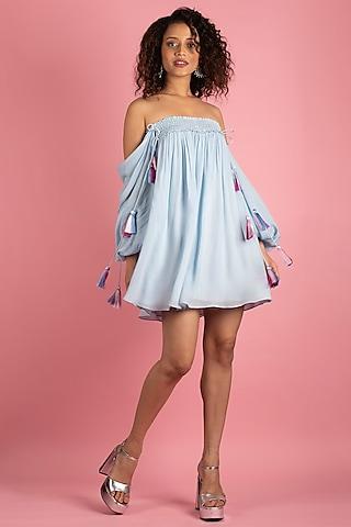 ice blue crepe off-shoulder dress