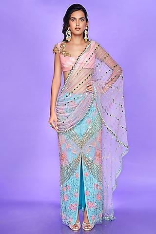 ice blue embellished pre-stitched saree set