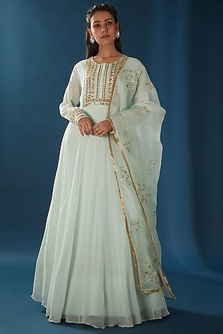 ice blue embroidered anarkali set