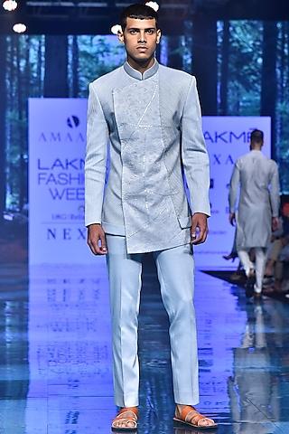 ice blue embroidered bandhgala jacket with trousers