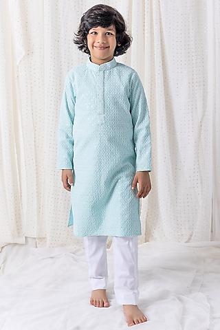 ice blue embroidered kurta set for boys