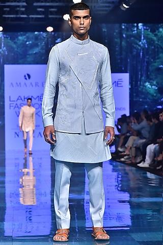 ice blue embroidered kurta set with nehru jacket