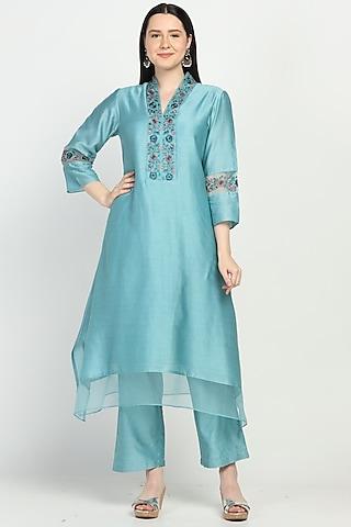 ice blue embroidered kurta set