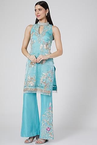 ice blue embroidered kurta set