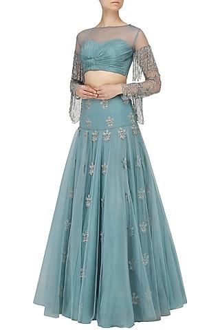 ice blue embroidered lehenga with ruched blouse