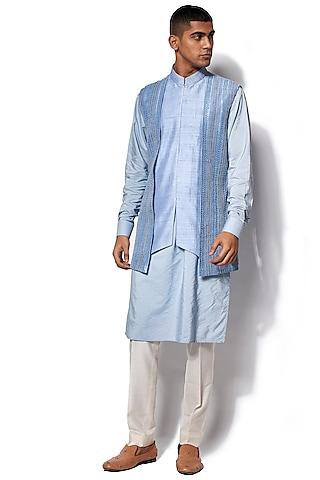 ice blue embroidered nehru jacket with kurta set