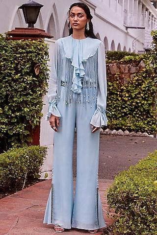 ice blue embroidered pants set