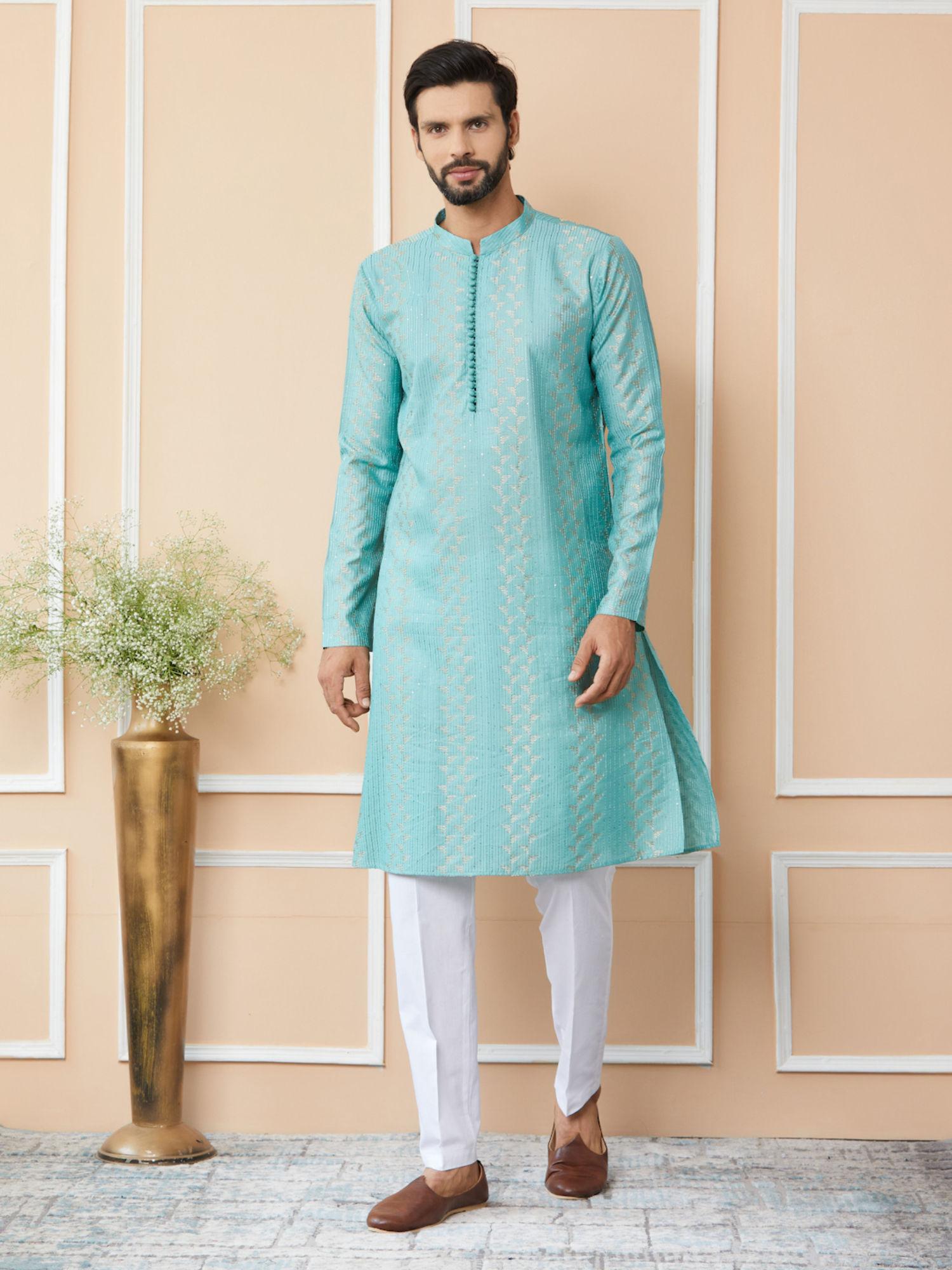 ice blue embroidered sequinned chanderi silk kurta with pyjama (set of 2)