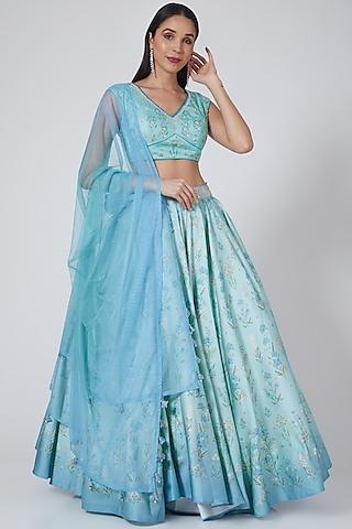 ice blue floral printed flared lehenga set