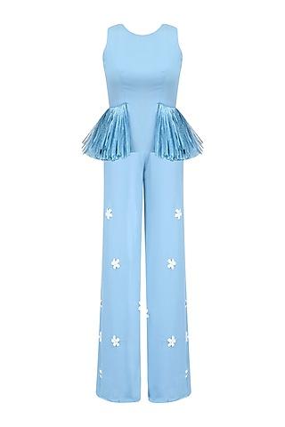 ice blue fringe tassel pelum top and 3d flower motifs palazzo pants set