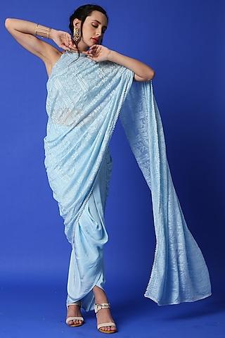 ice blue georgette chikankari embroidered dhoti saree set