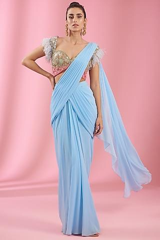 ice blue georgette draped saree set