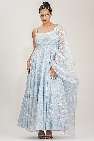 ice blue hand block printed anarkali set