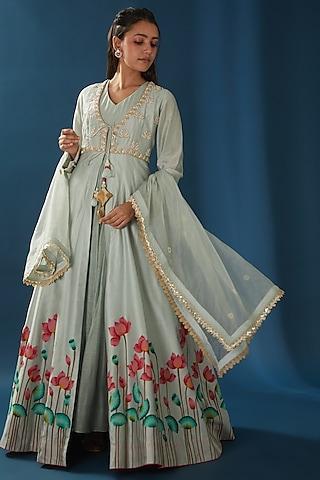 ice blue hand painted anarkali set