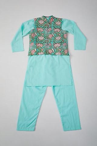 ice blue kurta set with hand block printed nehru jacket for boys