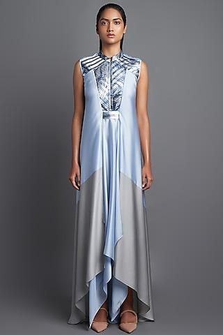 ice blue metallic draped dress