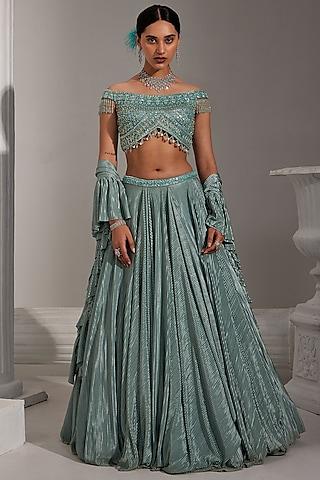 ice blue net & pleated satin lycra sequins embroidered pleated drape lehenga set