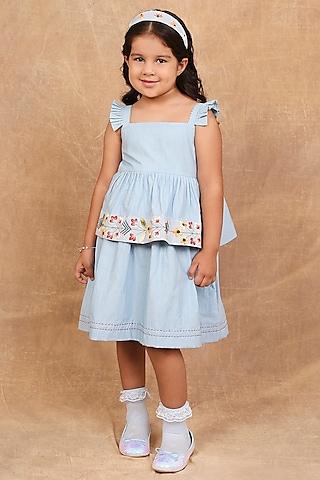 ice blue organic cotton kantha & floral embroidered dress for girls