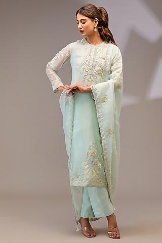 ice blue organza hand embellished kurta set