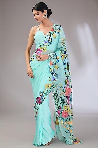 ice blue organza hand painted & embroidered saree set