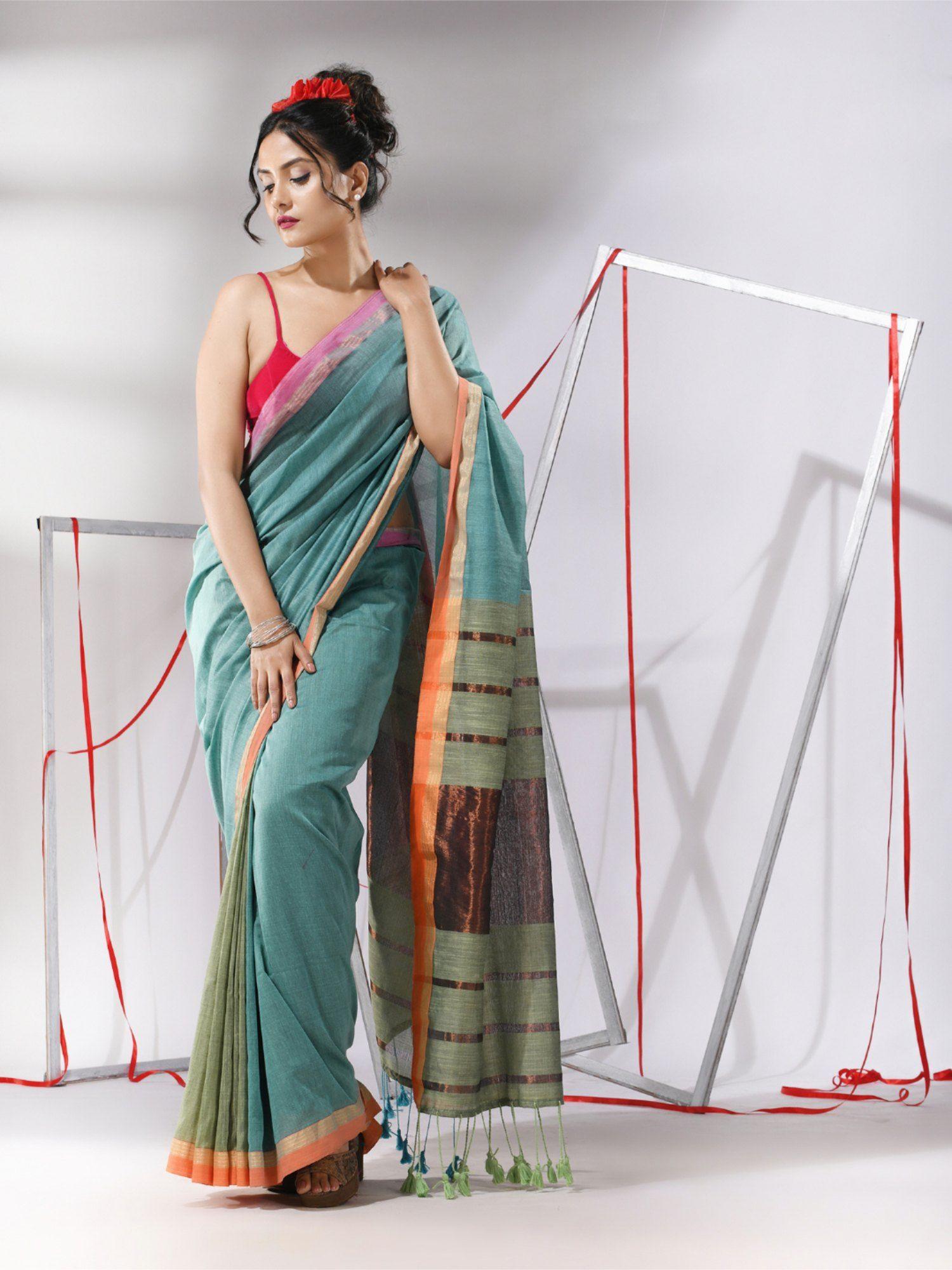 ice blue patli pallu cotton stripes zari borders saree with unstitched blouse