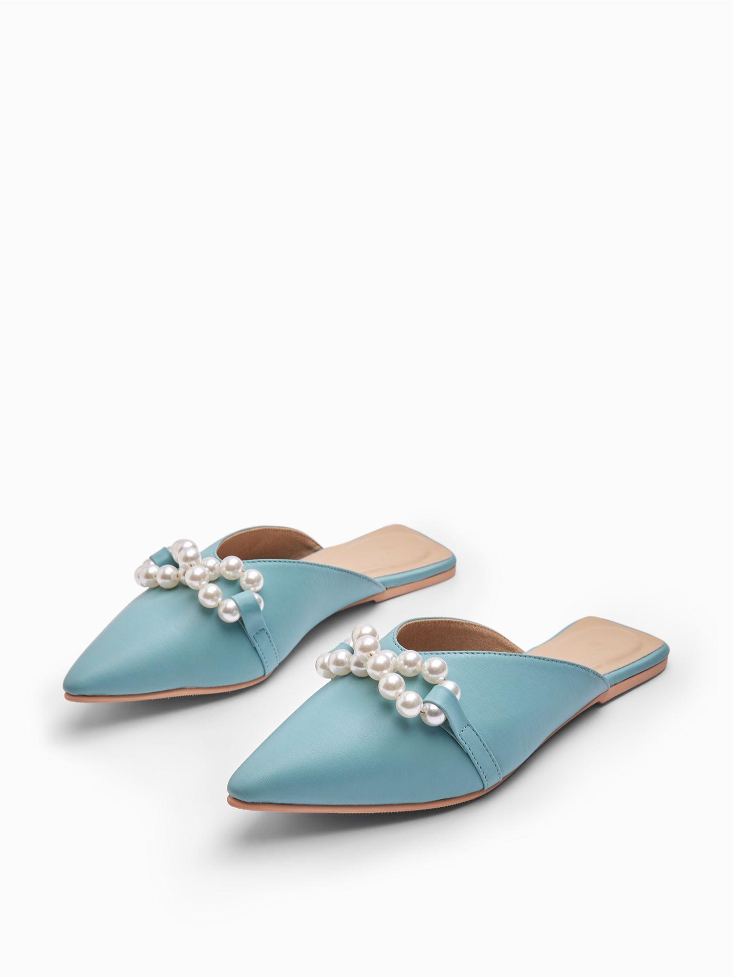 ice blue pearl detail flat mules