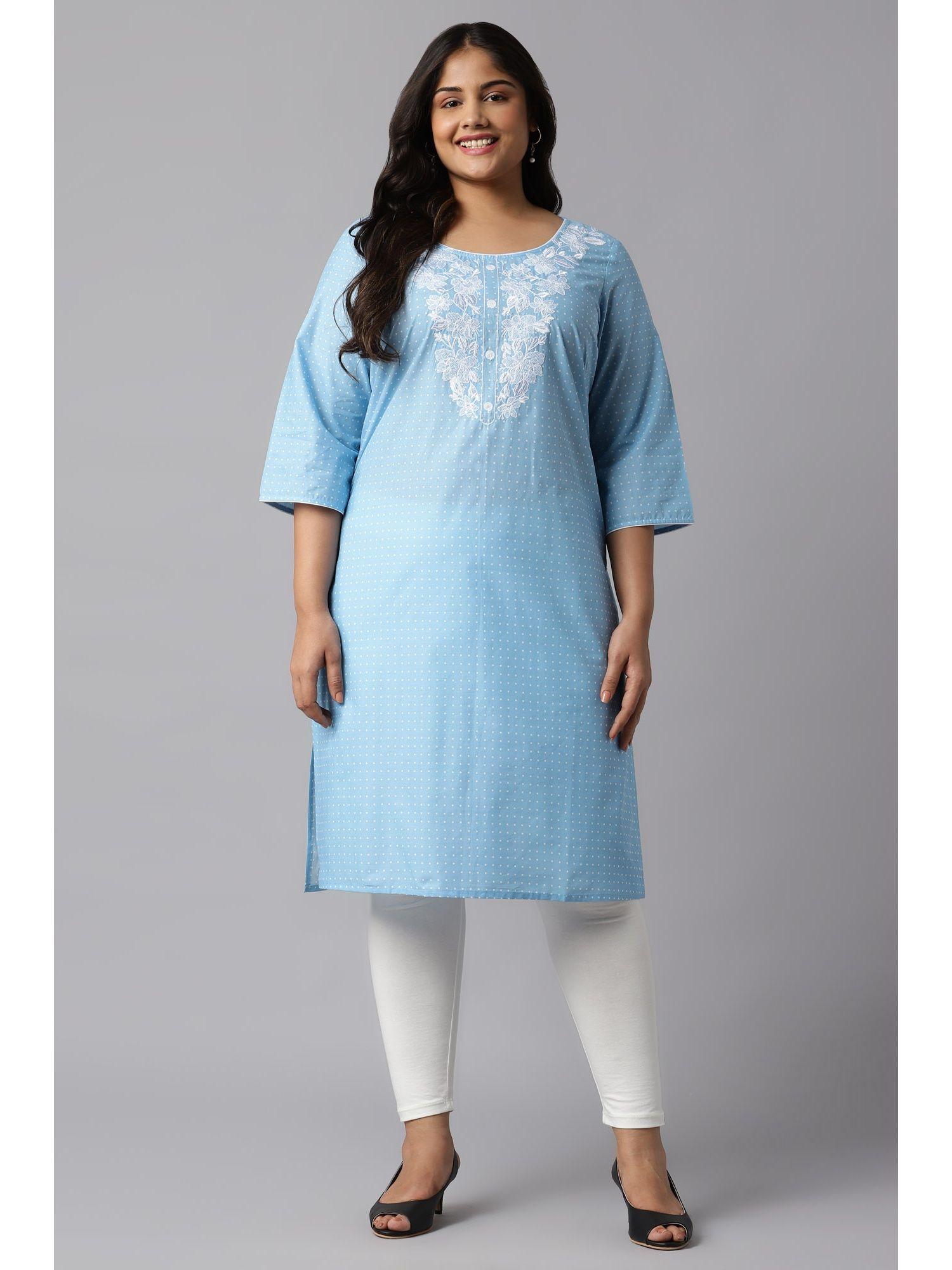 ice blue polka dots & embroidered round neck plus size kurta