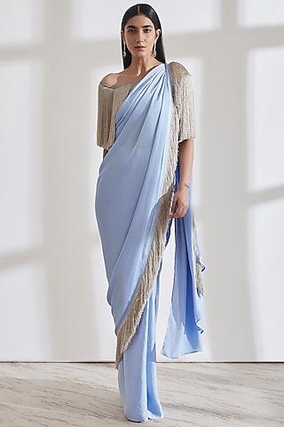 ice blue pre-pleated saree with grey off-shoulder fringe top