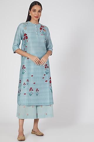 ice blue printed & embroidered kurta set