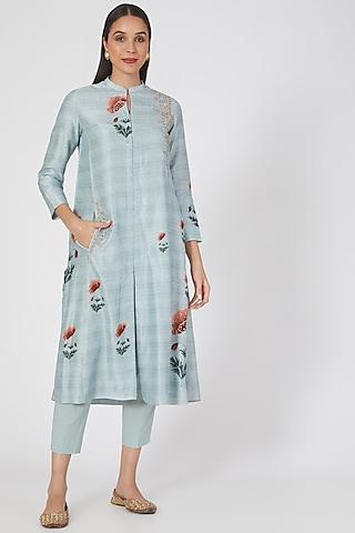 ice blue printed & embroidered straight kurta set