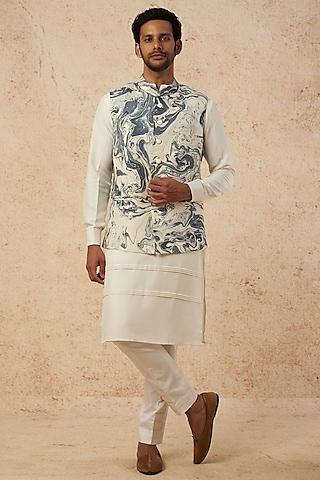 ice blue printed nehru jacket with kurta set