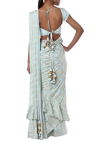 ice blue printed ruffle pleated saree with blouse piece