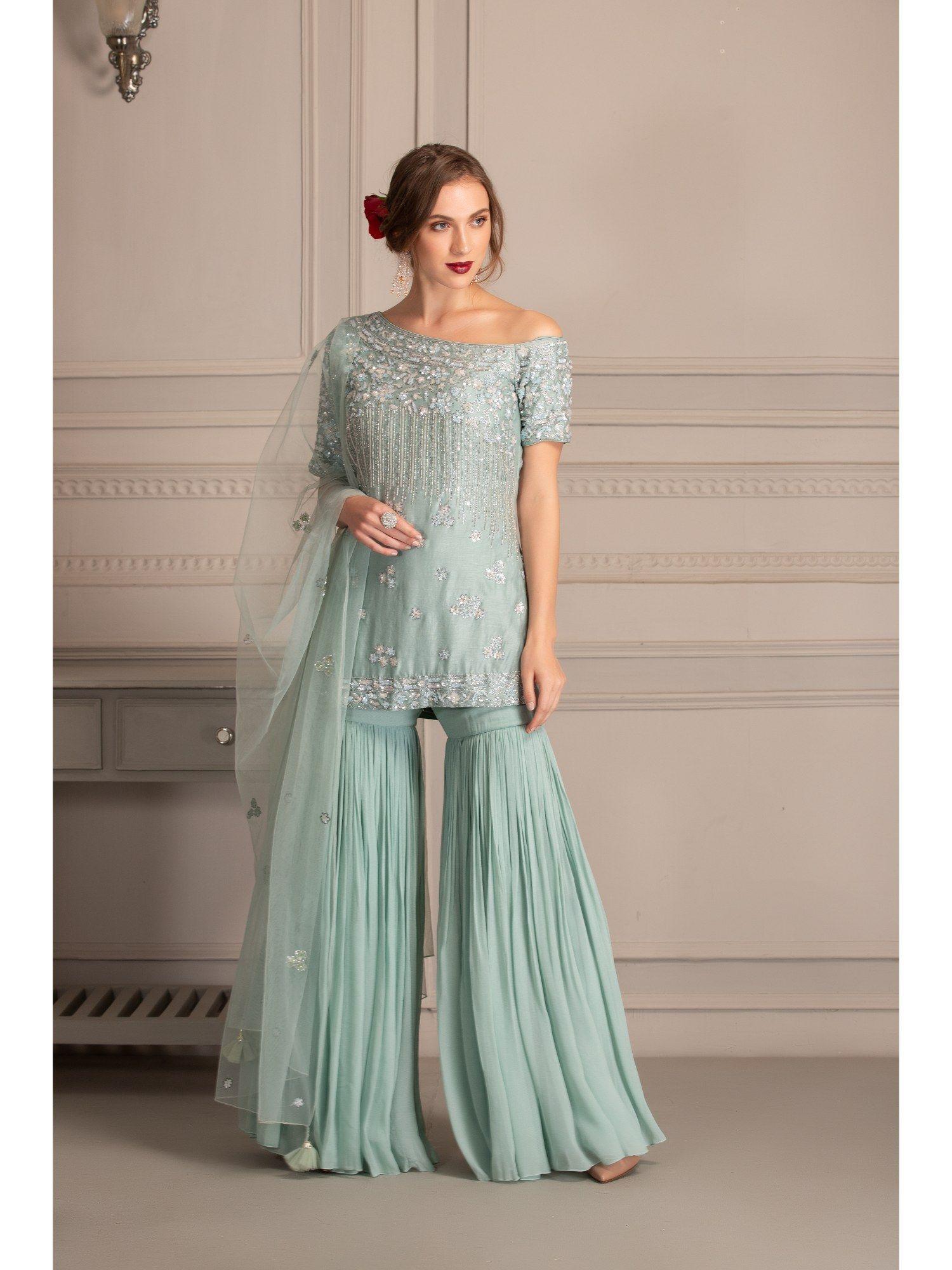 ice blue sharara with one shoulder kurta and dupatta (set of 3)