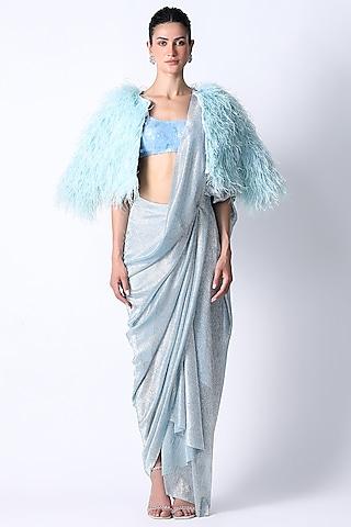 ice blue silk & satin jacket saree set