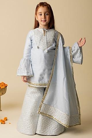 ice blue silk chanderi & cotton voile sharara set for girls