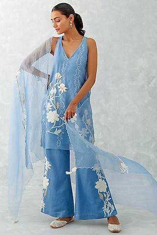 ice blue silk organza embroidered kurta set