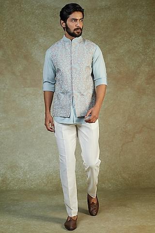 ice blue terry rayon embroidered & printed bundi jacket with shirt