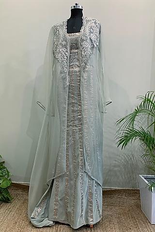 ice blue thread embroidered gown with jacket