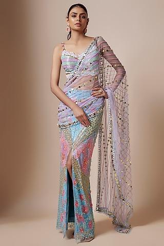 ice blue tulle acrylic embellished pre-stitched saree set