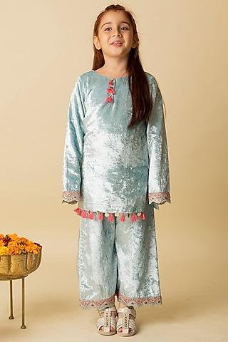 ice blue velvet & cotton voile embroidered kurta set for girls