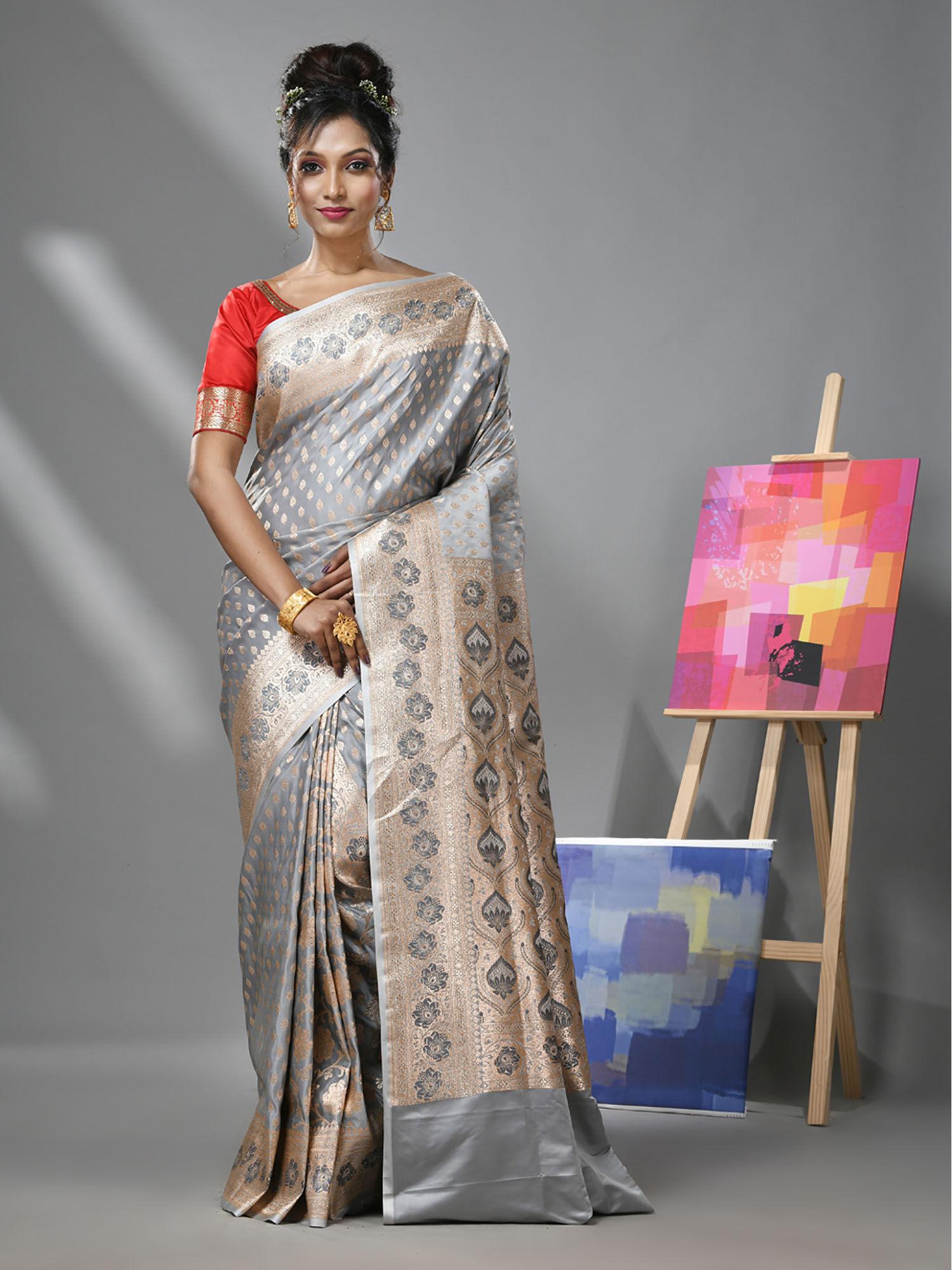 ice grey katan silk banarasi saree with zari woven designs & unstitched blouse