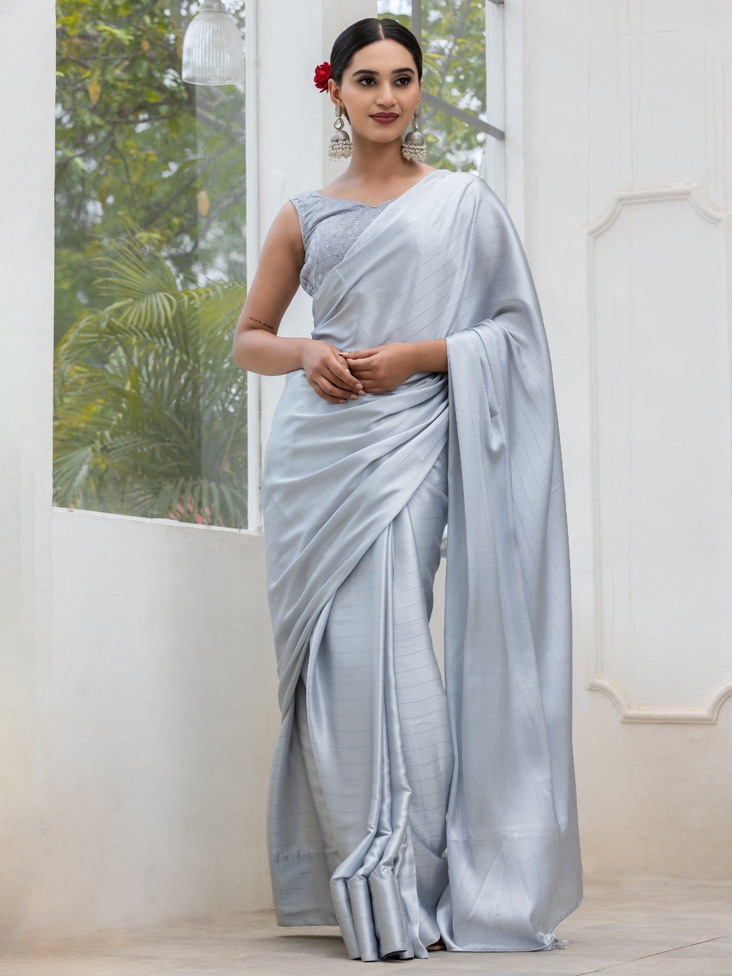 ice grey stripe satin with embroidered unstitched blouse