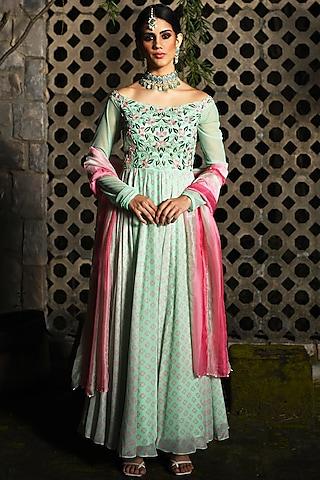 ice mint hand embroidered anarkali set